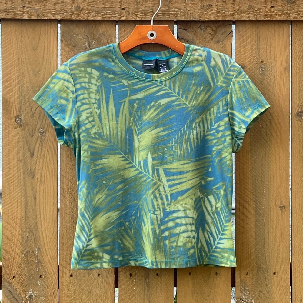 L Xhilration Mesh Nylon Palm Leaves Top Women’s